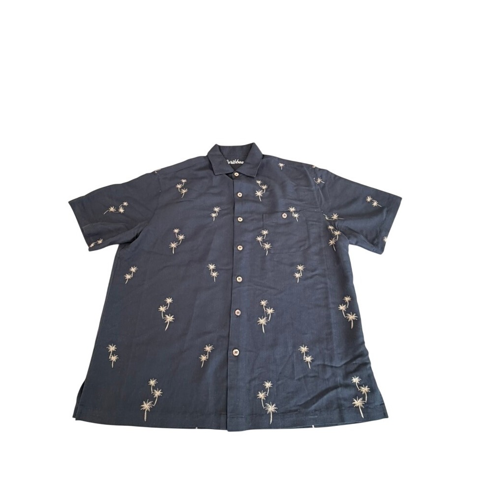 Caribbean Mens Black & Tan Embroidered Palm Tree Herringbone Shirt L MINT!!
